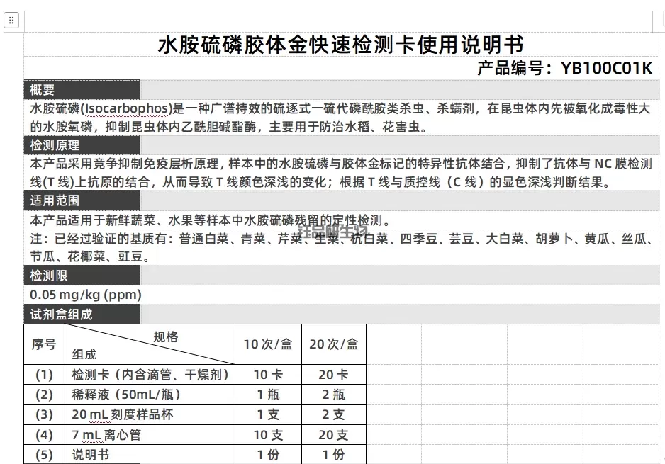Amithion Colloidale Oro Rapido Rilevamento Carta Manuale di Istruzioni