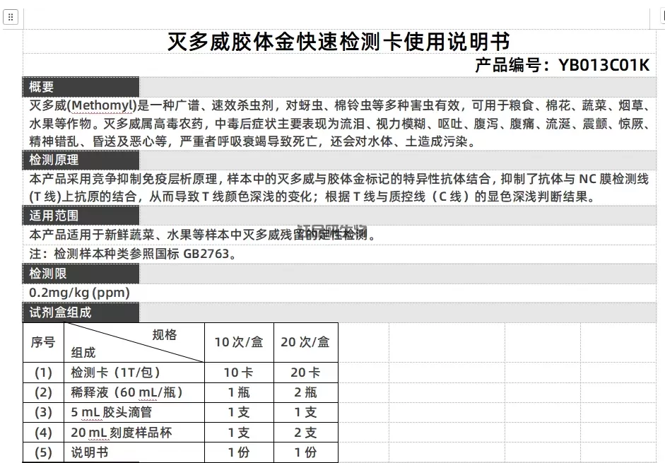 Metomil Colloidale Oro Rapido Rilevamento Carta Manuale di Istruzioni