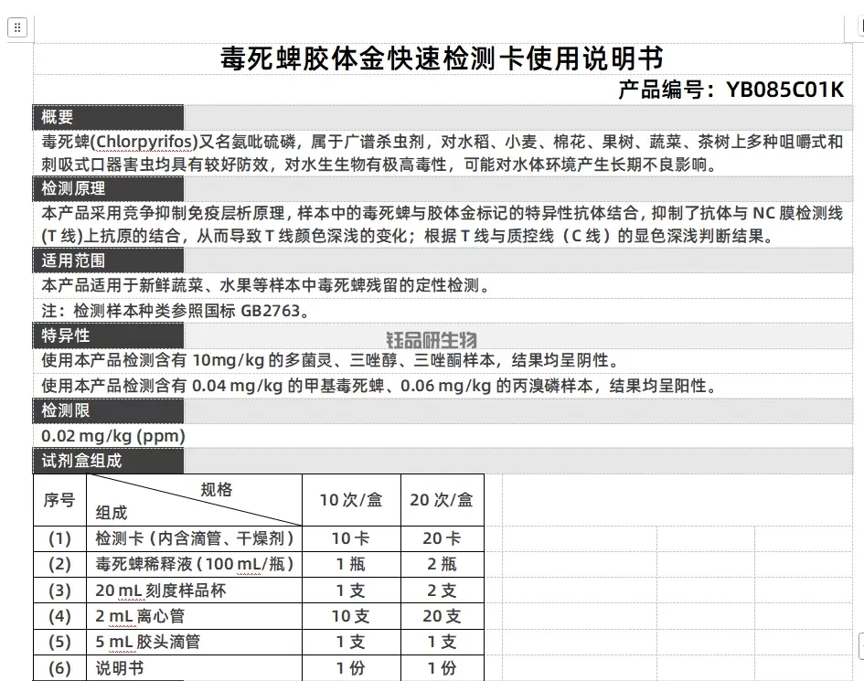Chlorpyrifos Colloidal Gold Rapid Detection Card Manuale di istruzioni