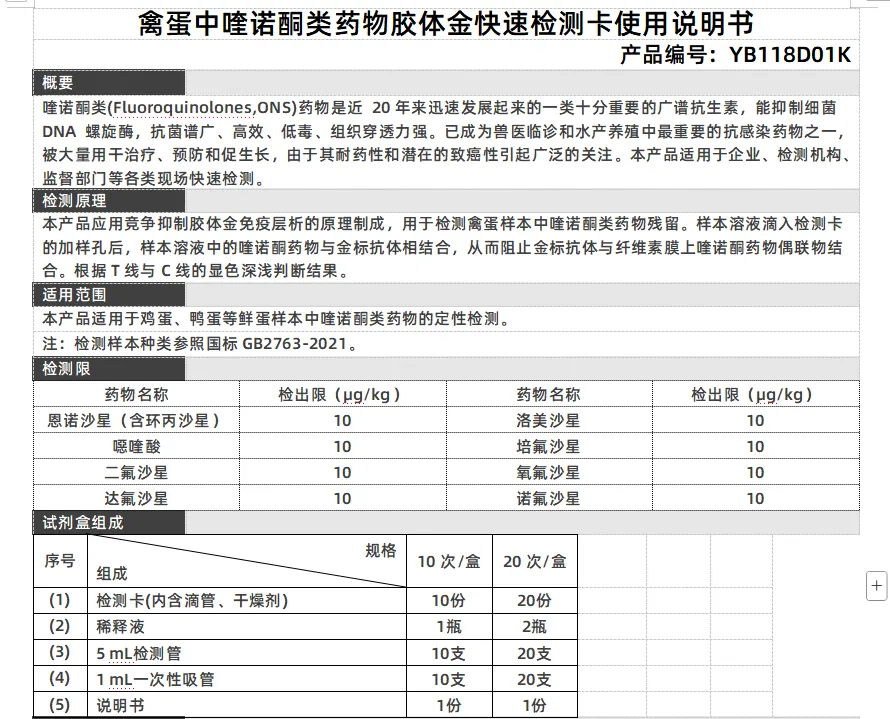 禽蛋中喹诺酮类药物胶体金快速检测卡使用说明书