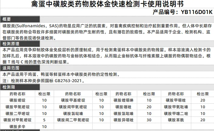 禽蛋中磺胺类药物胶体金快速检测卡使用说明书