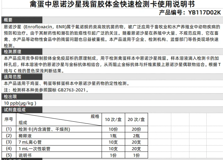 禽蛋中恩诺沙星残留胶体金快速检测卡使用说明书