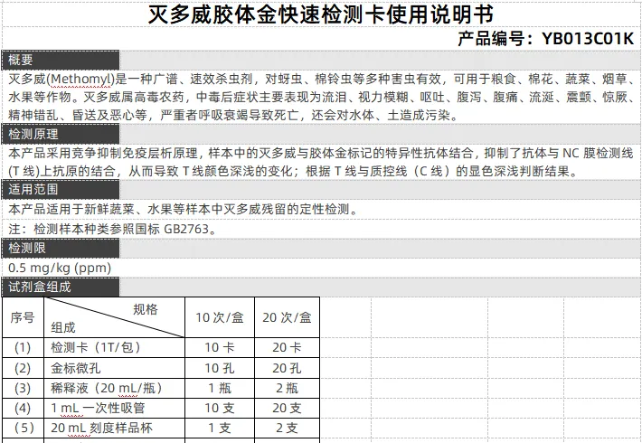灭多威胶体金快速检测卡使用说明书